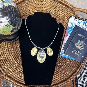 CHICO’S Silver Gold Leather Cord Hammered Metal Statement Necklace